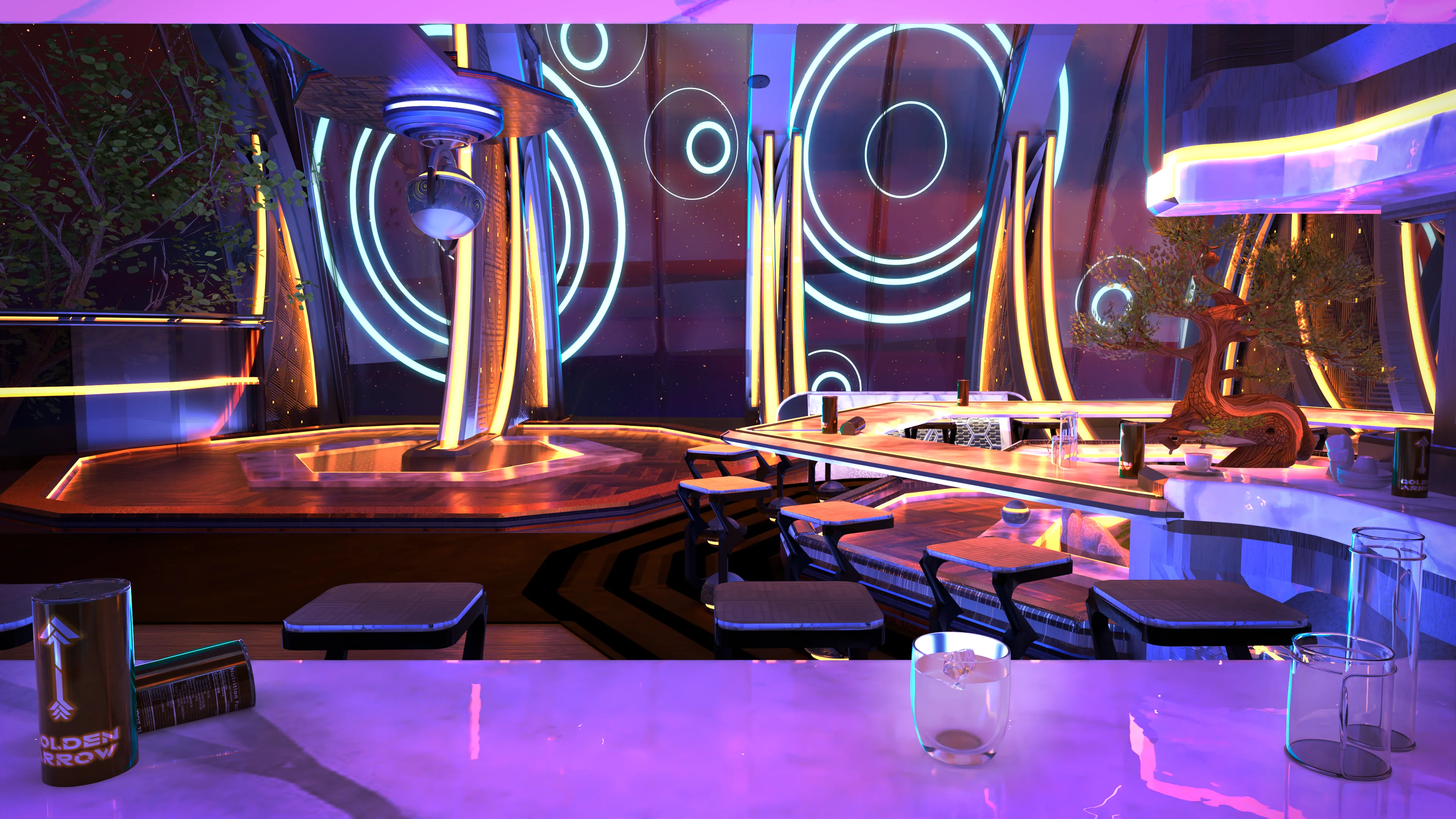 Dapper's Bar environment render, a neon-lit cyberpunk bar interior