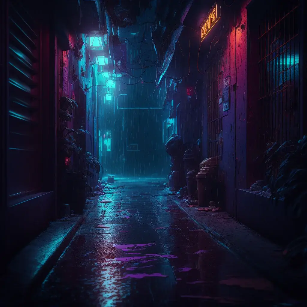 Omnium visual novel key art showing a decaying cyberpunk megalopolis